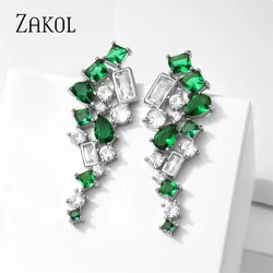 ZAKOL Vintage Green Cubic Zirconia Leaf Drop Earrings for Women Fashion Rectangle Crystal Party Birthday Party Jewelry EP5507