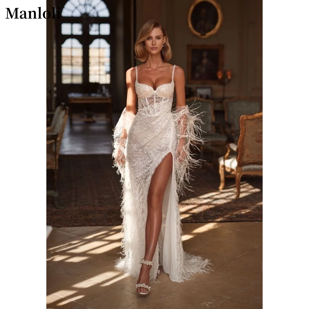 

Luxury Feather Sparkling Wedding Dress 2025 Thin Strap Tight corset Bridal Dress Elegant Formal Bridal Dress Customization