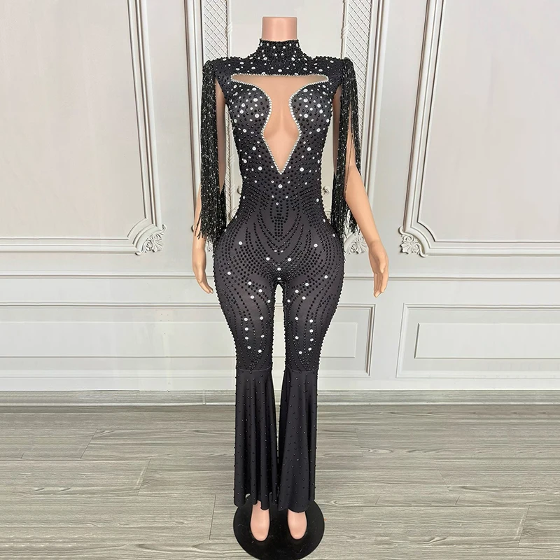 2025 신상 여성 쇼 무대 의상 블랙 프린지 라인스톤 바디수트 가수 공연 의상 나이트클럽 파티 클럽웨어 VDL4974