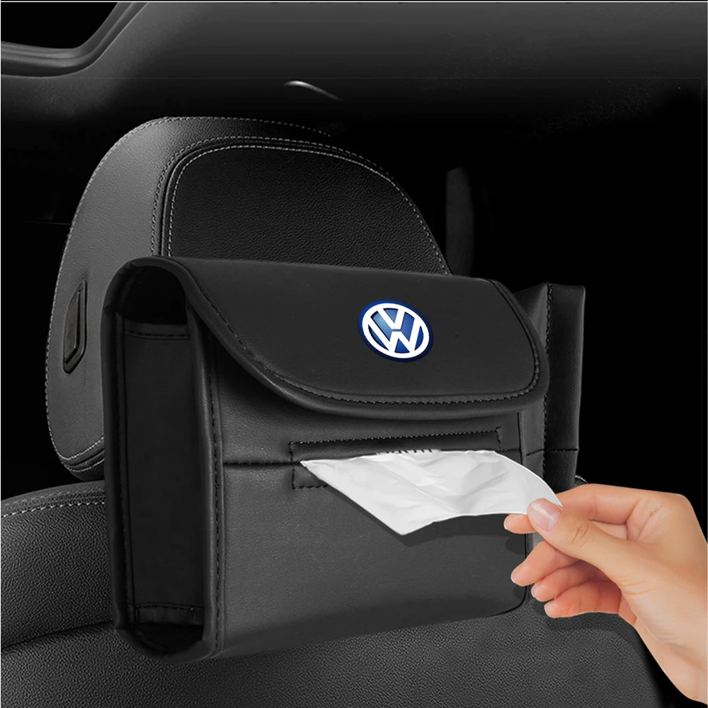 Car Tissue Box Sun Visor Seat Back Hanging Leather Storage Box Auto Accessories For Volkswagen R Line R32 Touareg Passat B6 B7