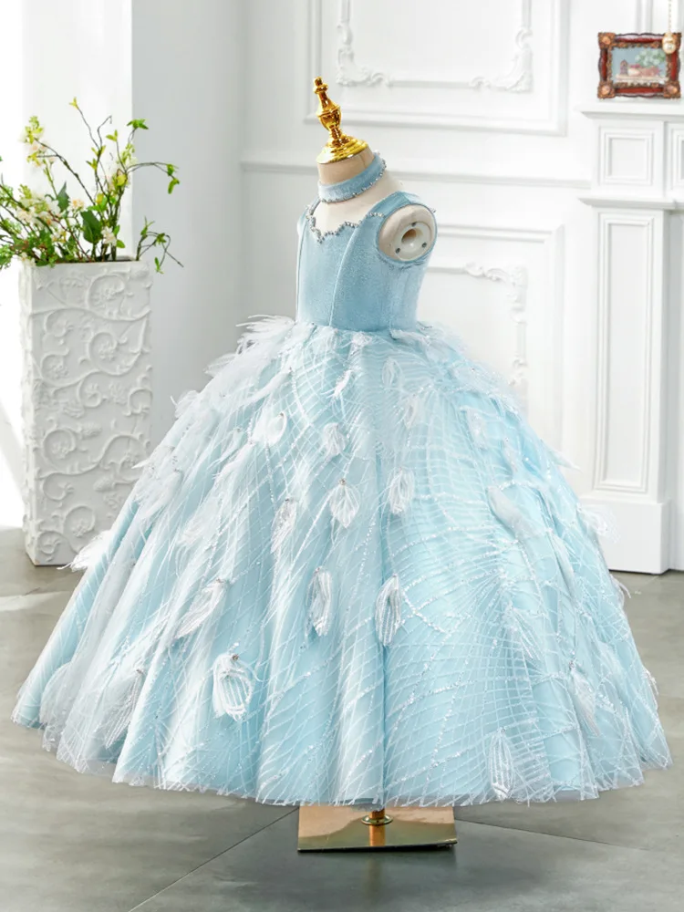 Robe de Princesse de Luxe Bleu Glacé pour ixd'Anniversaire de Fille, Tenue de Bal avec Bijoux, Costume de Concours pour Enfants