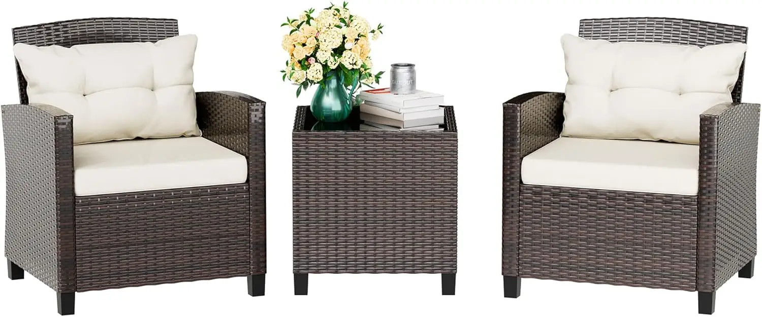 3-delige Terrasmeubelset Kleine Outdoor Rieten Rotan Veranda Bistro Set Met Kussens Terrasstoelen Conversatieset Met