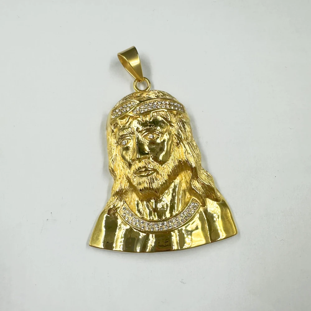 New Hip Hop Iced Out Big Jesus Head Pendant Necklaces Male Gold Color Stainless Steel Christian Necklace For Men Jewelry Gift