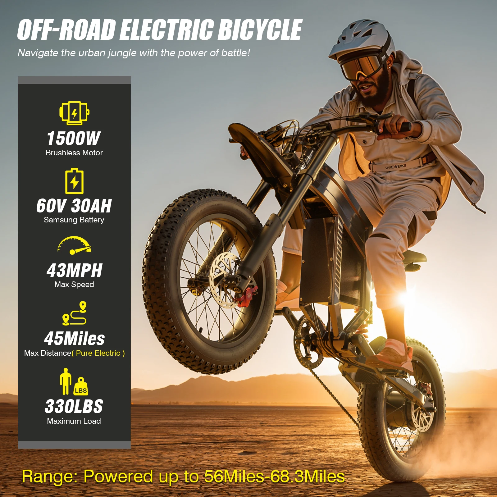 

1500W Off-road Electric Motorcycle, 60V30AH Battery, speed of 43MPH, 26''x4.0'' Fat Tire Electric Mountain Bike, 45miles,330LBS