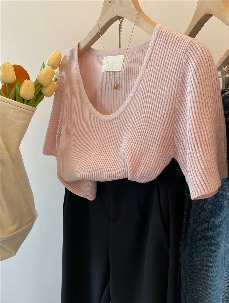 Extra Large 300 Pounds Loose Slimming Wool Short Sleeve U-Neck Knitwear Summer Slim Fit Texture Versatile Top Korean Style