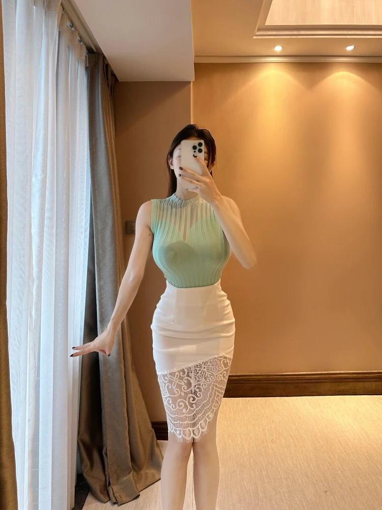 

Suirui Tee-Color oulder-Baring Cool Silk Vest Enhanced Chest Design Knitted Summer Top Svel High-Waisted Casual Sle