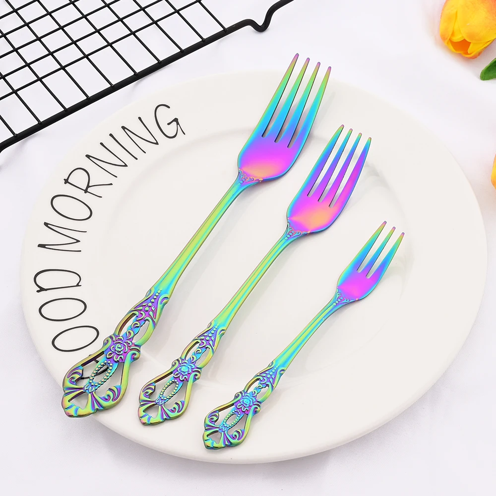 6Pcs Cake Forks Stainless Steel Dessert Fork Colorful Tea Forks Rainbow Small Fork for Fruit Snack Dinnerware Party Utensils Set