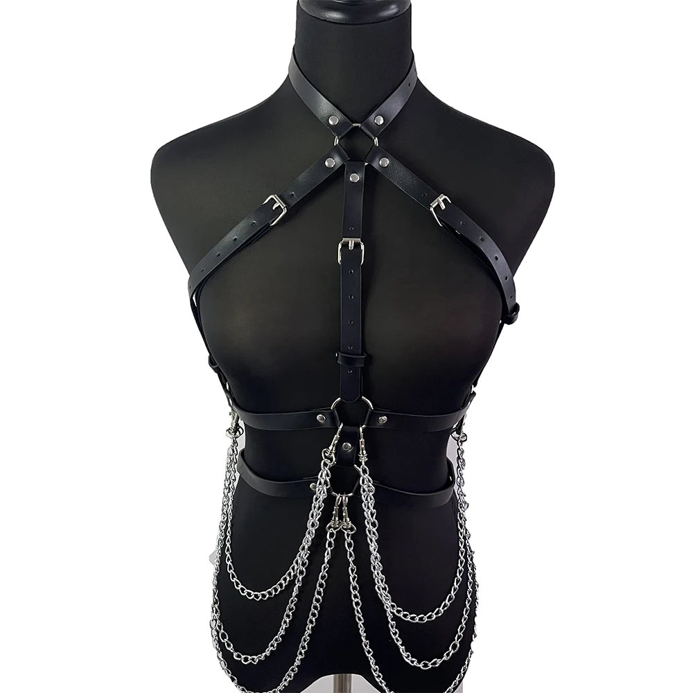 

Leather Chest Chain Harness Women Bra Erotic Lingerie Bdsm Body Sexy Underwear Goth Open Cup Bra Suspenders For Stockings Garter