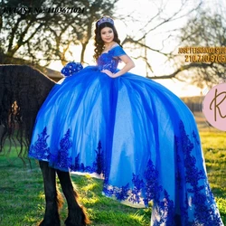 EVLAST Customized Mexican Royal Blue Quinceanera Dress Ball Gown Off Shoulder Applique Beading Sweet 16 Vestidos De Anos SQ356