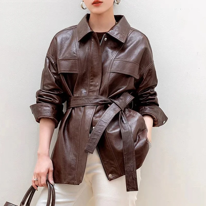 Outfits 2025, neue importierte Ölwachs-Leder-Windjacke für Damen, Retro-Braun, lässig, mittellange Jacke mit Schärpe, Abrigo Mujer