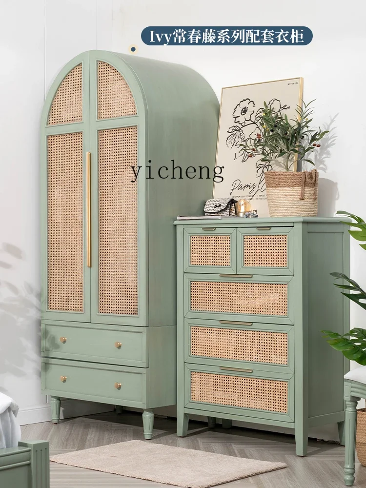 TQH American rattan drawer storage cabinet bedroom storage side cabinet retro bedside porch solid wood cabinet