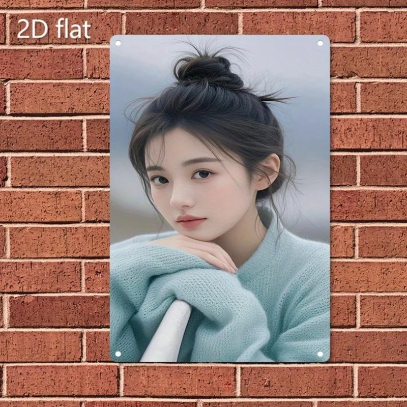 

Rustic Retro Advertising Sign for Home Decor，2D Flat, Metal Sign Plate - Elegant Female Portrait Poster with Expressive Eyes, Du
