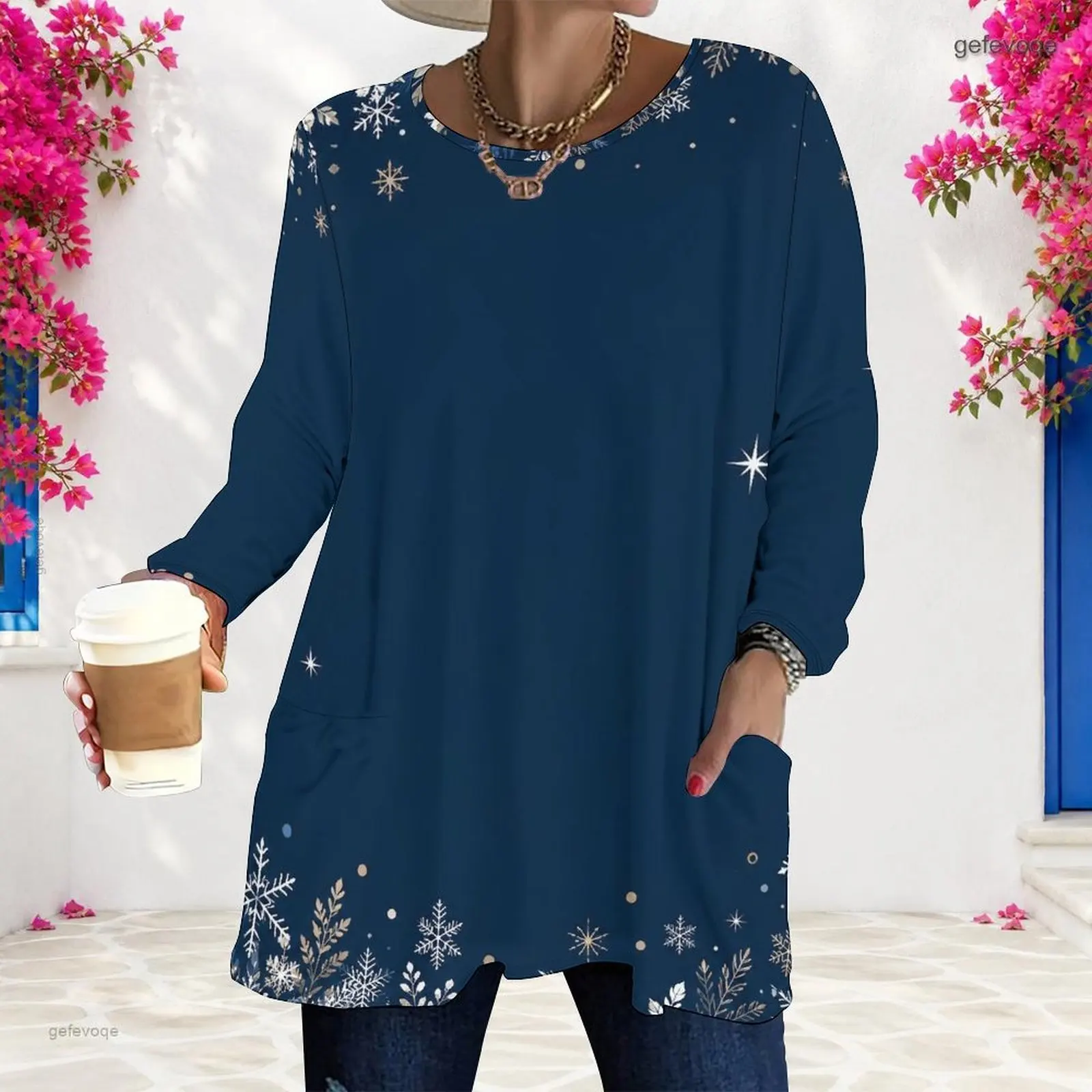 Women Navy Blue Snowflake Star Printed Round Neck Long Sleeve Loose Top with Pockets