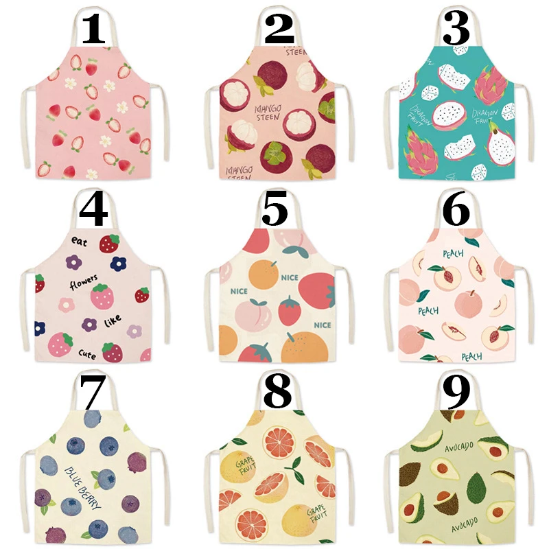 Fruit Series Printed Kitchen Apron for Woman Cotton Strawberry Mangosteen Linen Bib Home Cooking Baking Cleaning Tool Aprons