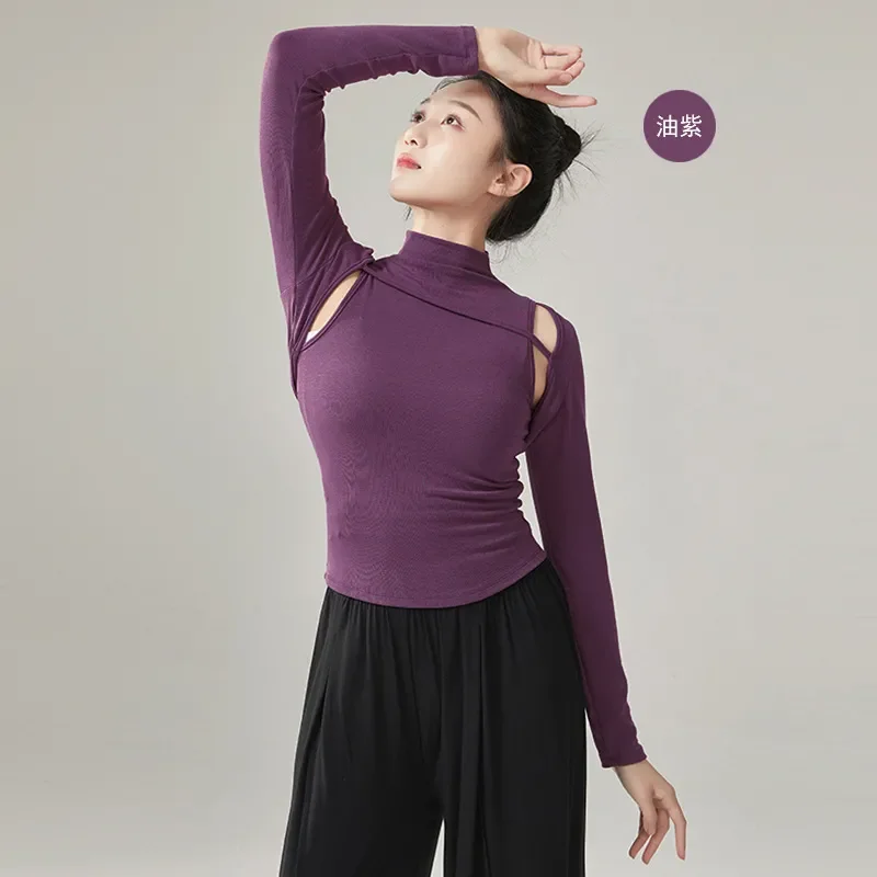 Women Slim Cut Out Long Sleeve Top Turtleneck Modern Chinese Dance Training Costume