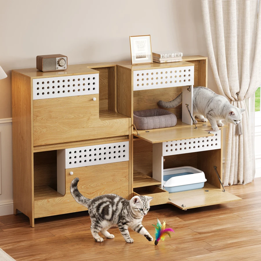 

2-Piece Modern 2 IN 1 Cat Furniture Set Cat Litter Box Enclosure Side Table Cat House with Storage for 2 Small-Medium Sized Cat