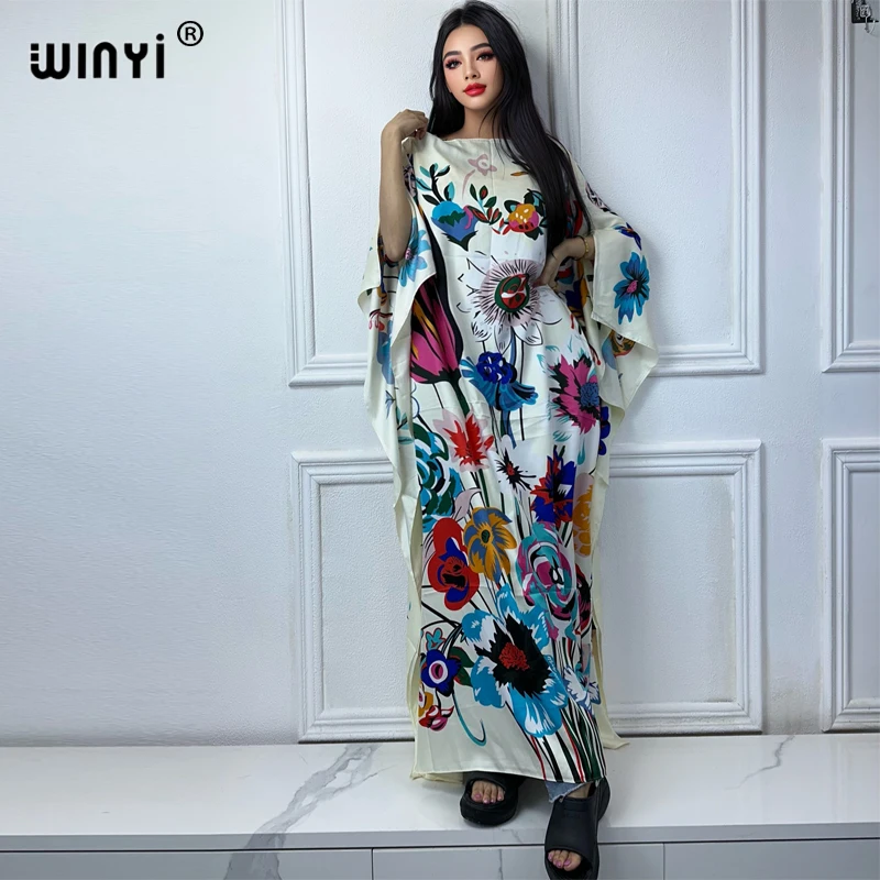 WINYI summer fashion dresses for women luxury flower print muslim woman dubai Free Size Design Maxi Loose African Elegant Dress