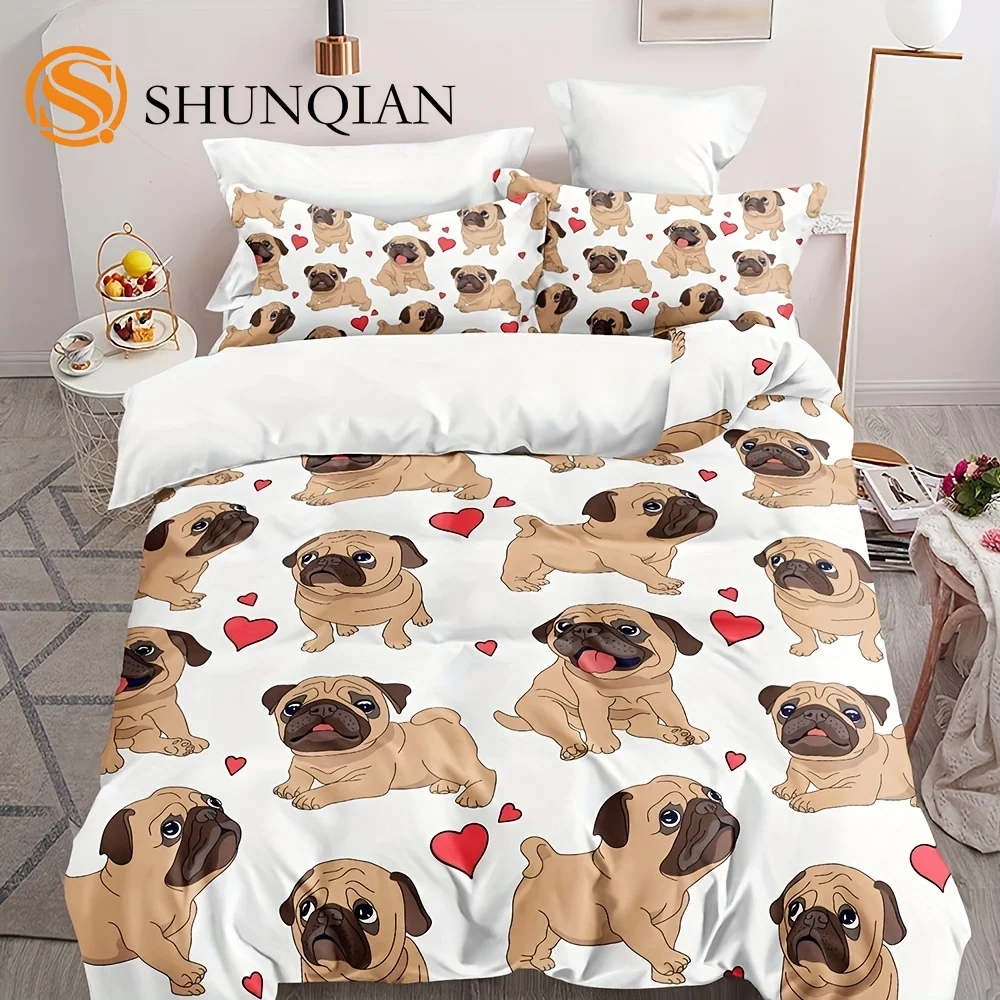 

3pcs White Funny Cartoon Pugs Puppies Guest Room Guest Room Duvet Cover Set (1pc* Duvet Cover + 2pcs Pillowcase, No Pillow Core)