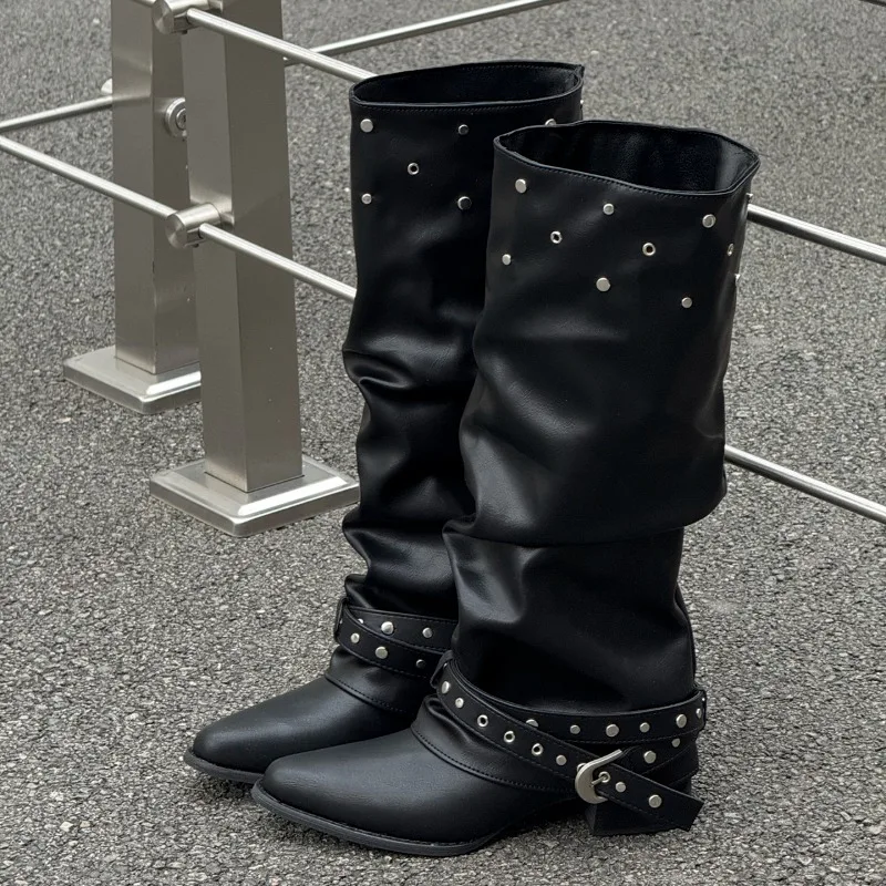 Pointed Toe Block Heel Rivet Trouser Heel Boots Women Skinny Belt Buckle Pile Versatile High Heels