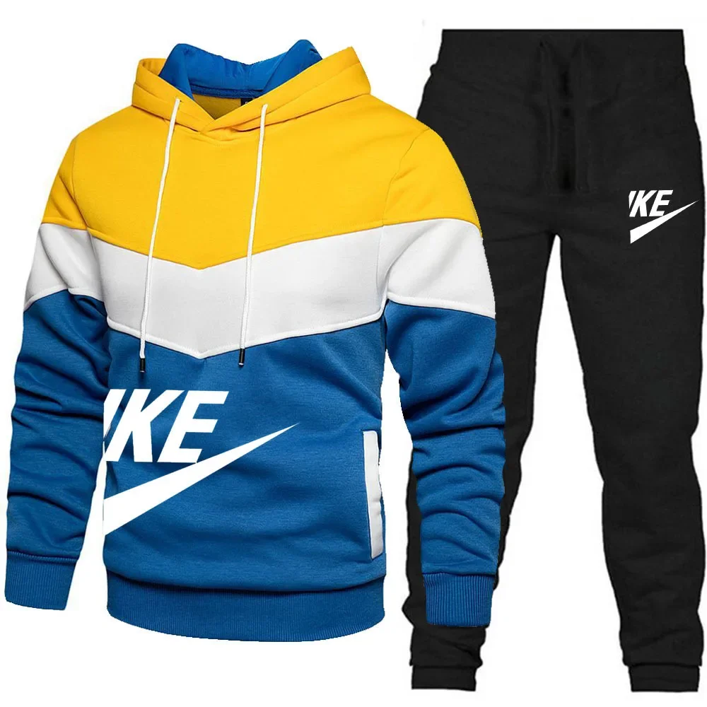 2024 Autumn/Winter men\'s casual color matching hoodie + sweatpants 2 piece hoodie Fashion slim men hip hop jumper set