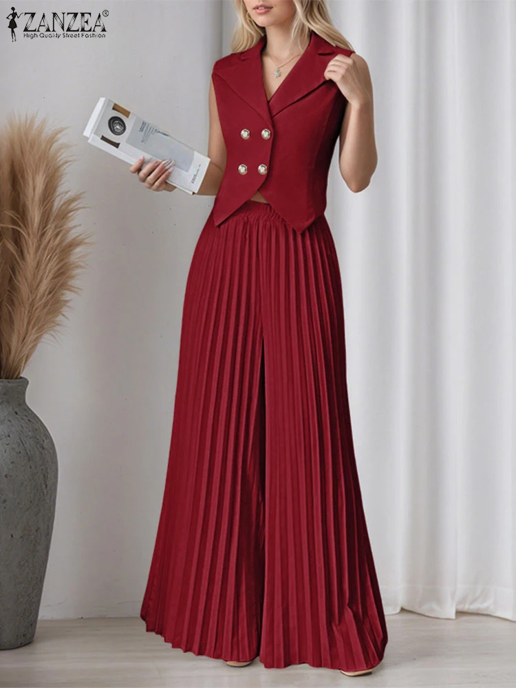 

ZANZEA Streetwear Pleated Wide Leg Pants 2PCS Outfits Womens Notched Lapel Vests Tops Elegant Fashion Pant Suits 2 Piece Sets