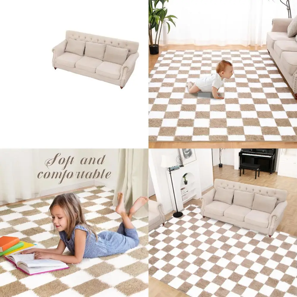 

Luxurious 8x10 Beige & White Checkered Shaggy Rug - Soft Fluffy Anti-Skid Carpet for Home Decor