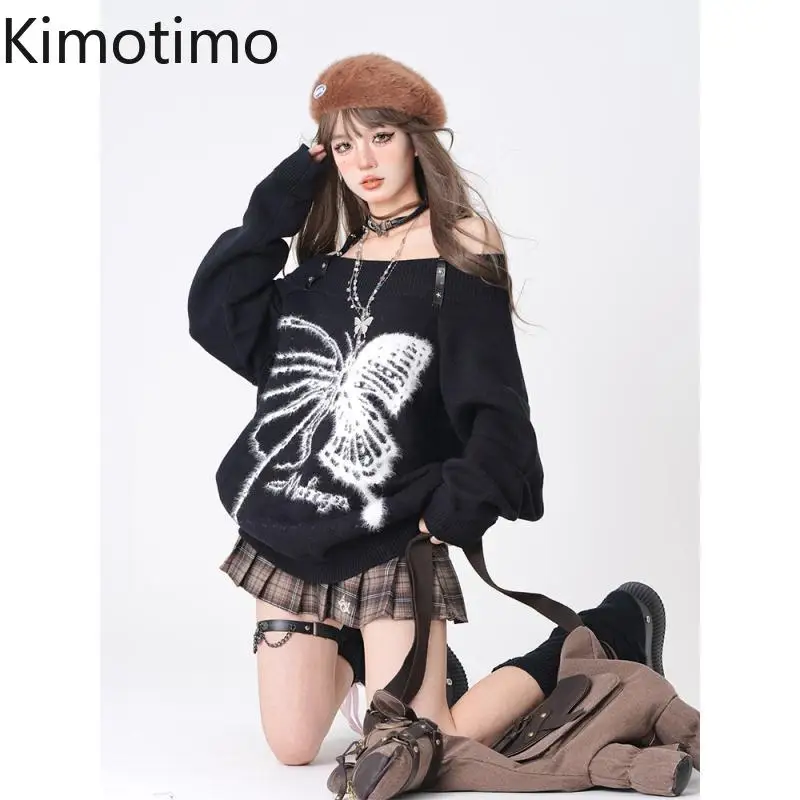 

Kimotimo Slash Neck Butterfly Jacquard Sweater Women Autumn Winter Lazy Long Sleeve Y2k Knit Top Harajuku Vintage Goth Pullover
