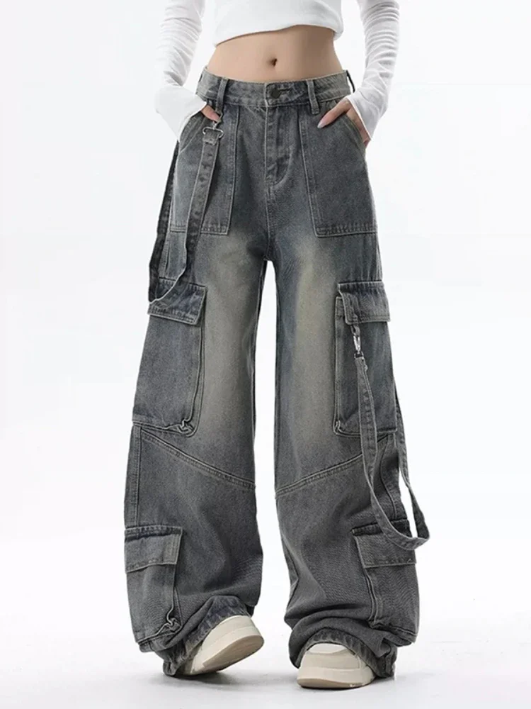 Cargo Jeans for Women Baggy High Street Chic All-match Daily Vintage High Waist Trousers Autumn Popular Multi-pockets Classic