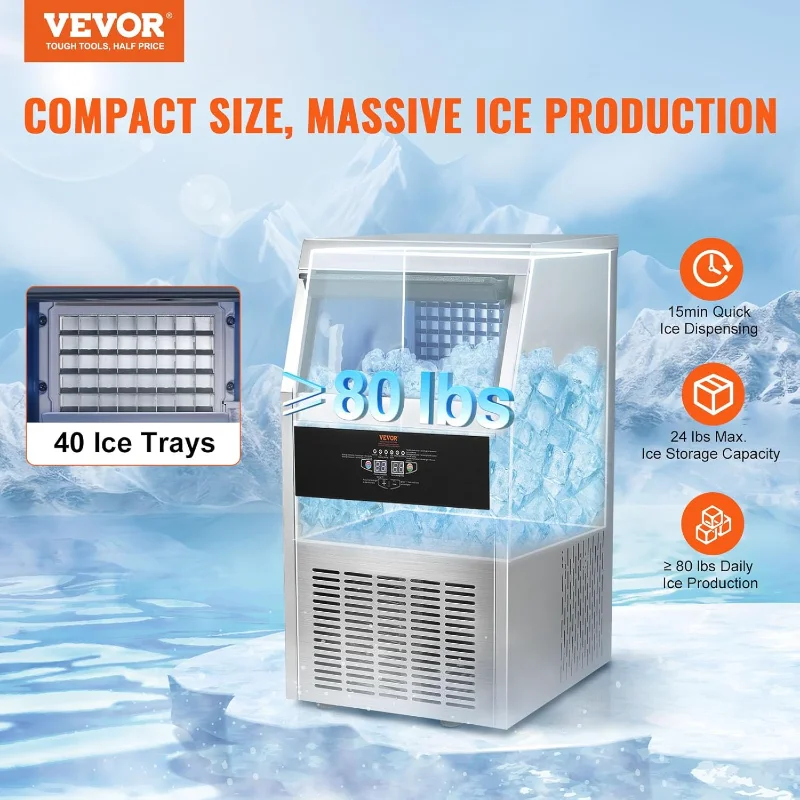 VEVOR Commercial Ice Maker, 80lbs/24H,  Maker Machine, 40 Ice Cubes in 12-15 Minutes, Freestanding Cabinet  Maker