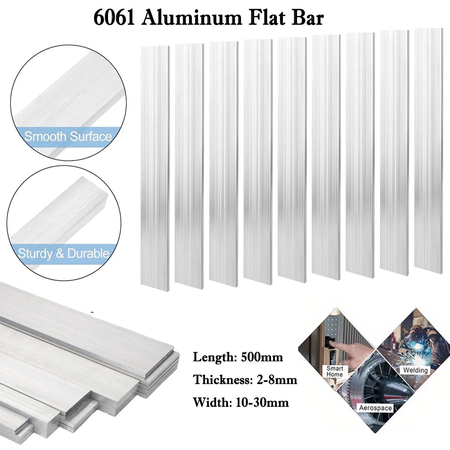 1 Stück 500 mm 6061 Aluminium-Flachstange, solide rechteckige Metallplattenstreifen für Heimwerker/Bearbeitung/Bau