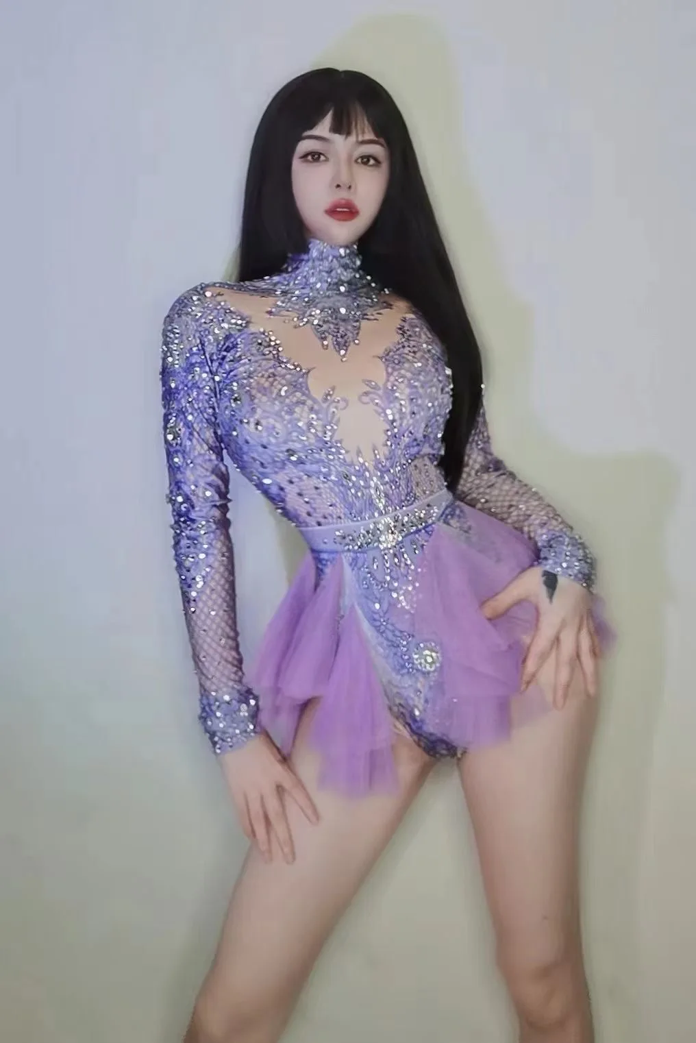 

Purple Shining Rhinestones Crystal Sexy Long Sleeves Gauze Bodysuits For Women Nightclub DJ Clothing Stage Pole Prom Costumes