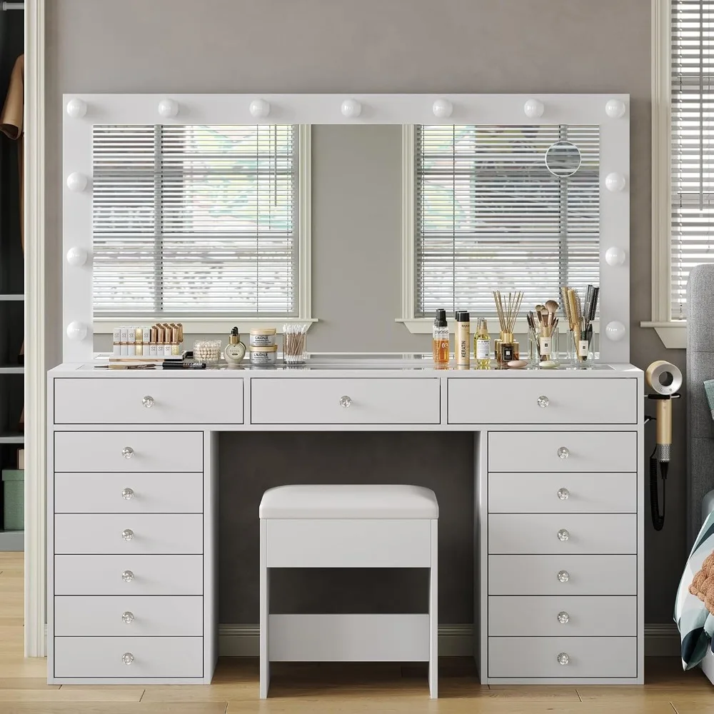 

"55-inch wide vanity desk with built-in charging station, 15-drawer makeup vanity featuring a lighted mirror, adjustable brightn