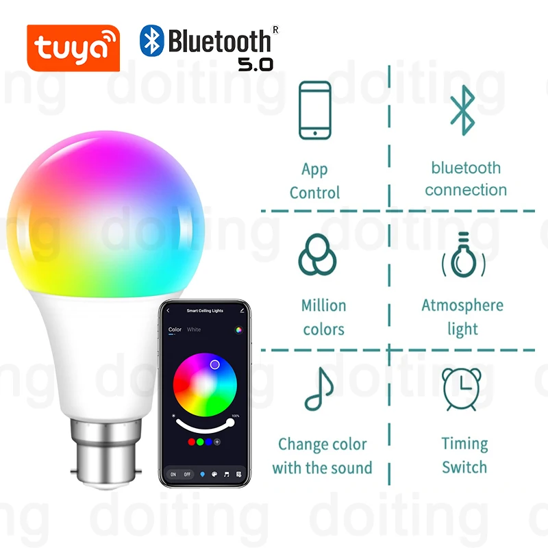 Colour Changing Light B22 Tuya Bluetooth APP Control 220V LED Bulbs  Dimmable RGB White RGBCCT 16 Million Smart Life