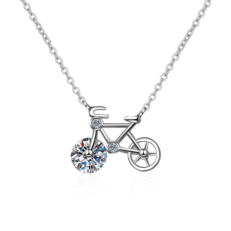 Fine Jewelry 1 Carat Round Brilliant Cut Platinum Plated Moissanite 925 Sterling Silver Ladies Cute Bicycle Pendant Necklace