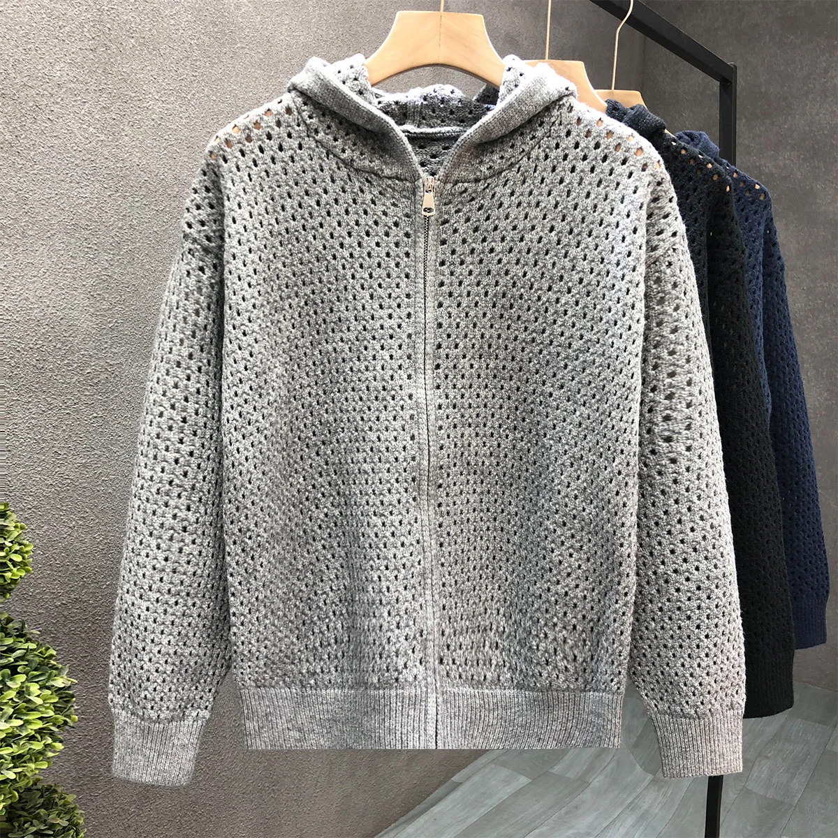 

Spring Autumn Hooded Knitted Cardigan For Men Solid Color Zipper Hollow Out Sweater Jacket Korean Casual Fashion Knitting Coat