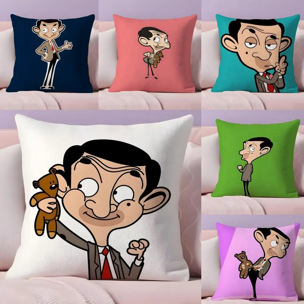 M-Mr. BeanS Cartoon Pillow Case Plush Fabric Soft Double-Sided Printed Sofa Warm Winter Home Gift Cushion Cover