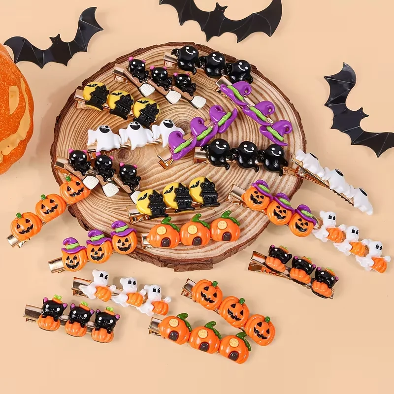 10/20 Halloween cartoon Hair Clips, Ghost Pumpkins, Black Cats, Witch Hats, Haunted House Designs, Hair Clips