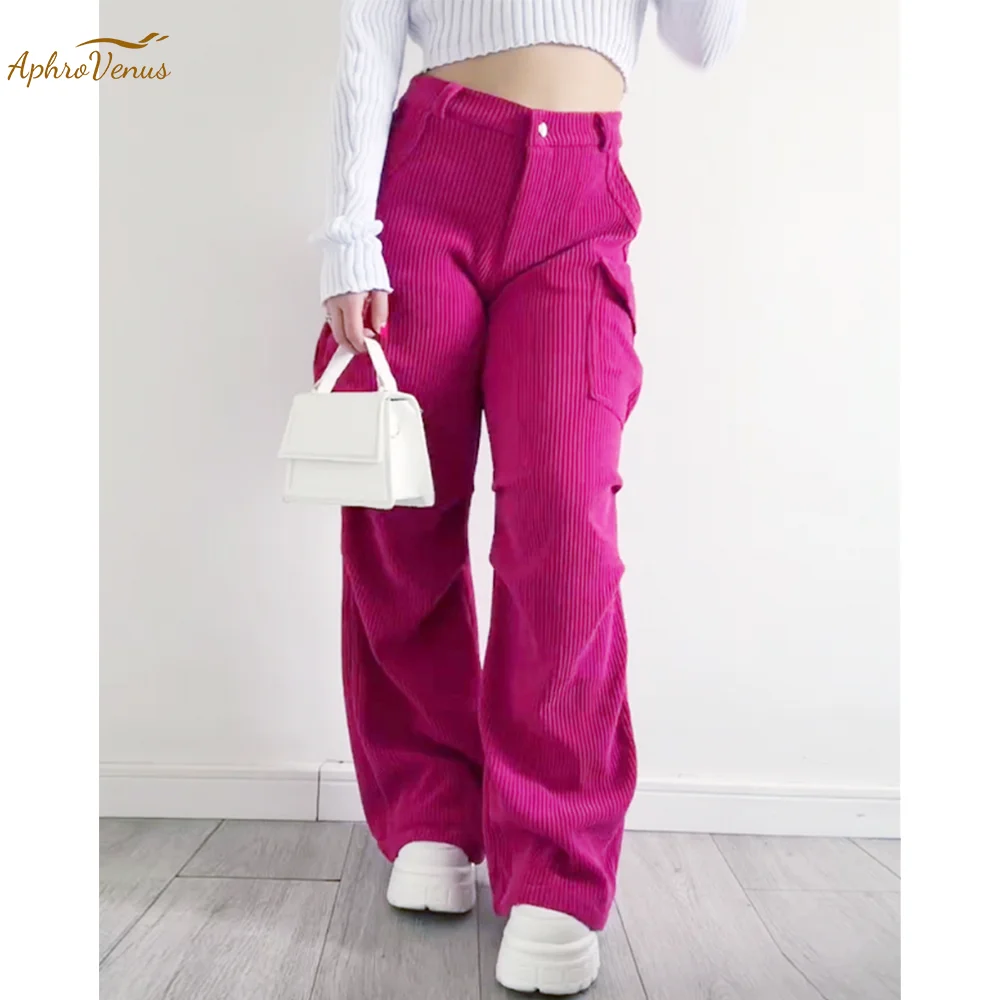 

Women's Casual Vintage Corduroy Cargo Trousers Elastic Fashion High Waist Straight Wide Leg Pockets Pants