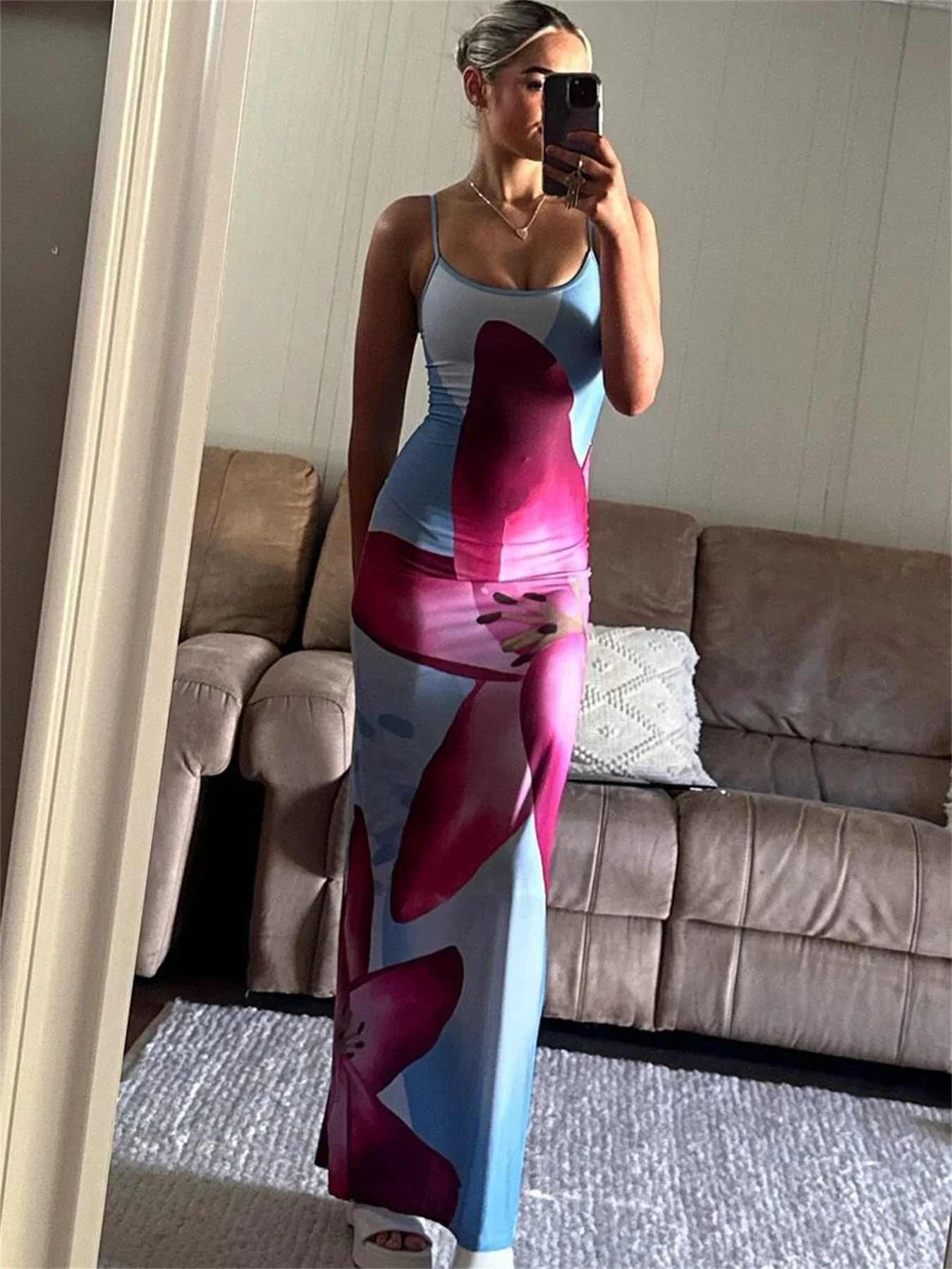 Mode Spaghettibandjes Lelie Bloemen Slip Dress Zomer Casual Print Maxi Jurken Backless Bodycon Slim Boho Lange Zonnejurk 2023