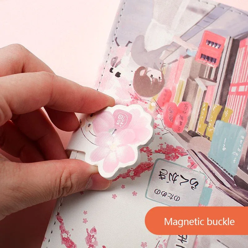 A5 Japanese Sakura Cute Cat Notebook Magnetic Buckle Color Page Student Manual Ledger Notepad Diary Book Kawaii New