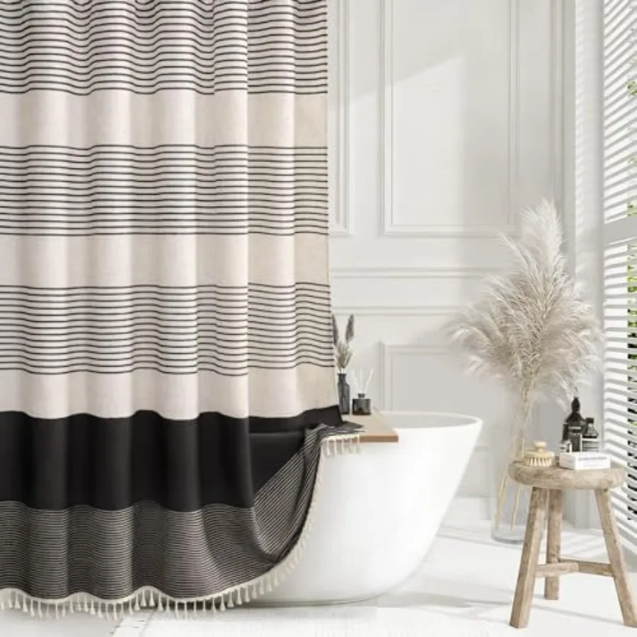 

Black Shower Curtain Boho Linen Striped Shower Curtains for Bathroom with Tassel 72 X 72