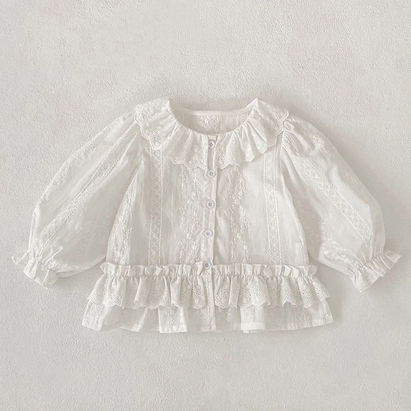Toddler Girls White Cotton Lace Long Sleeve Ruffled Collar Embroidery Shirt Kid Spring Autumn Princess Casual Shirts Girl Tops