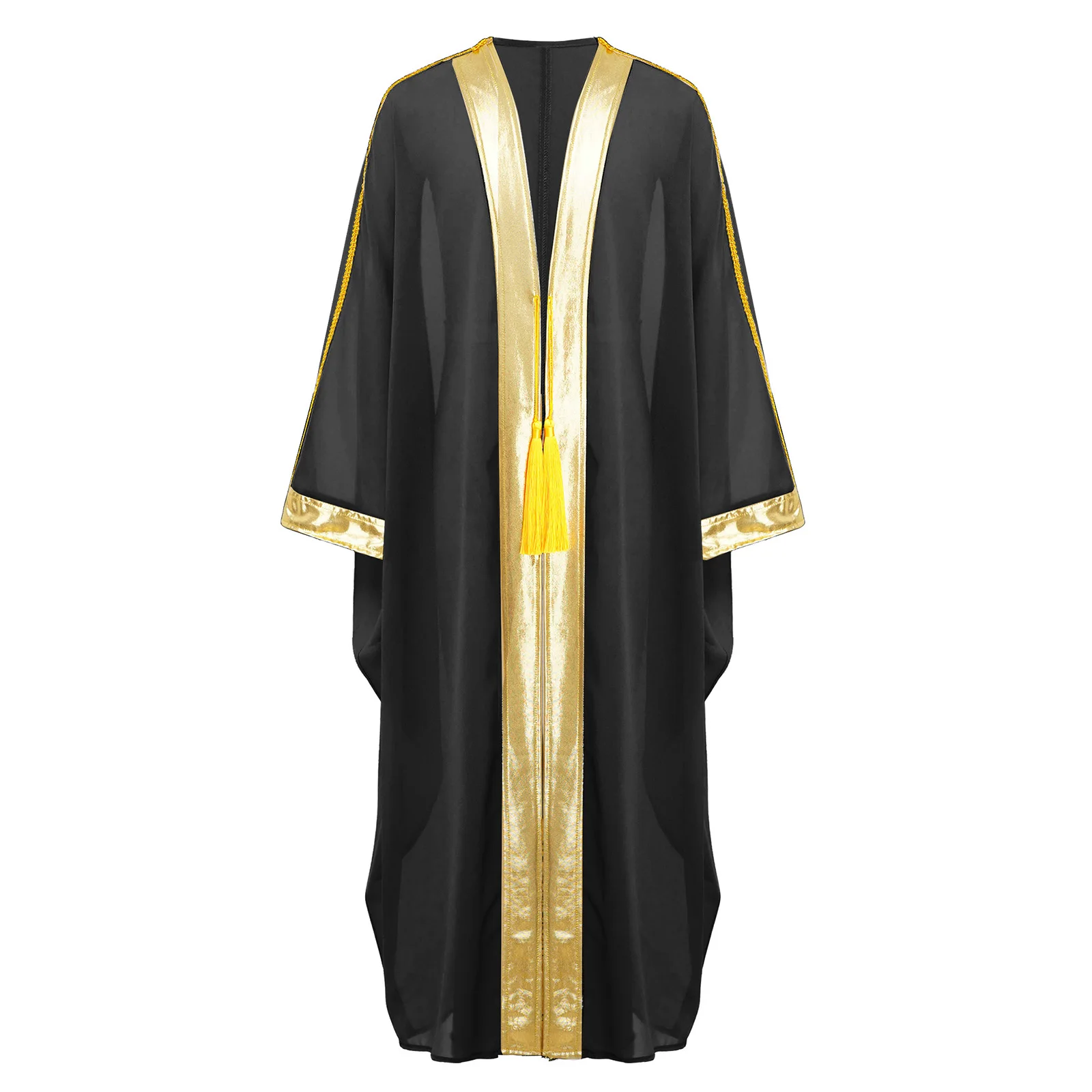 

Kids Boys Muslim Robe Loose Abaya Dress Long Batwing Sleeve Metallic Trim Kaftan Thobe with Tassels Praise Church Choir Costume