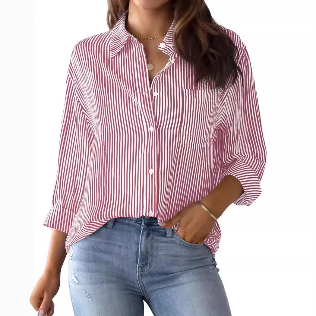 2025 New Women's Casual Shirt Comfortable Simple Striped Blue And White Classic Retro Spring And Autumn Long Sleeve Top