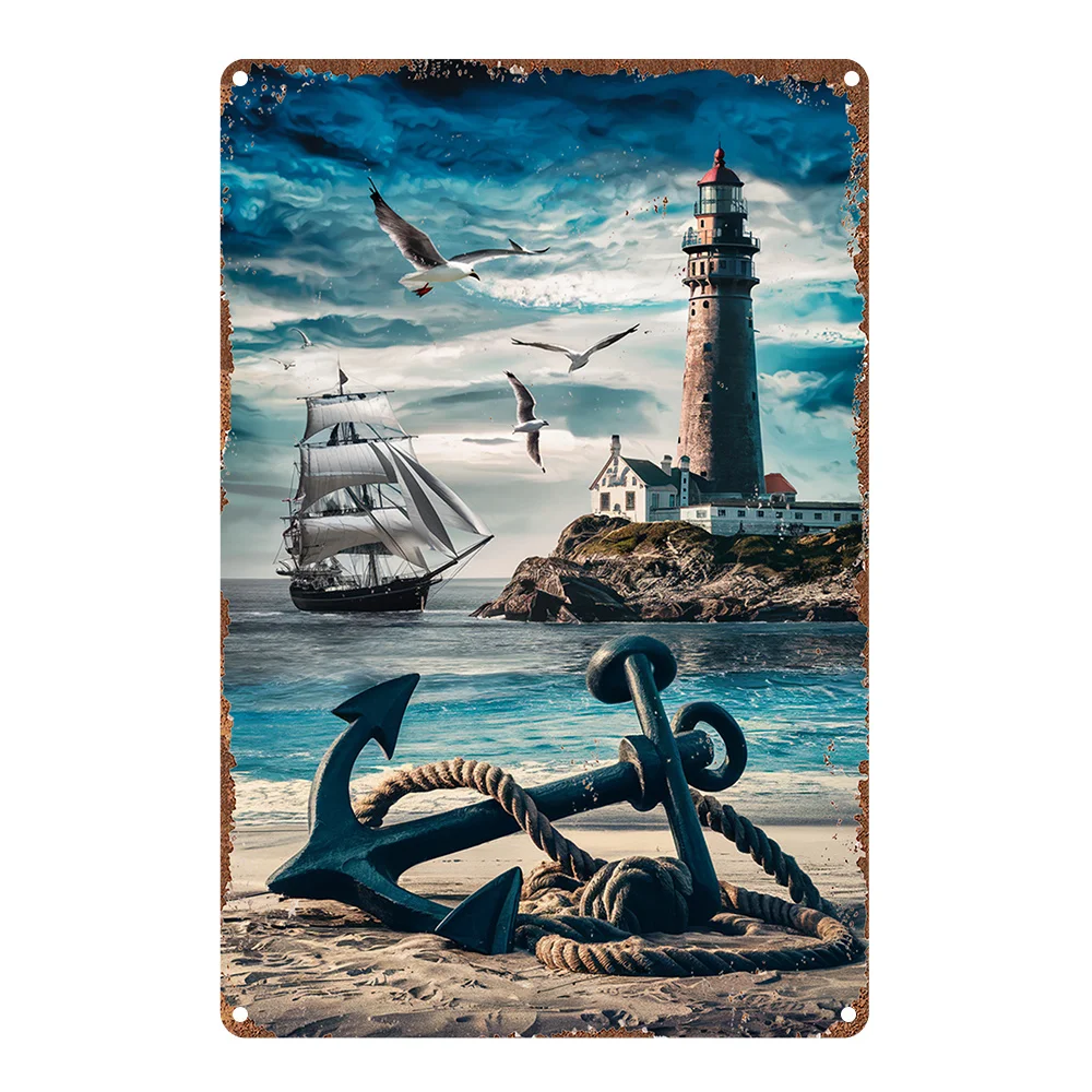 Vintage Nautical Lighthouse & Anchor Aluminum Metal Sign - Rustic Coastal Wall Art with Pre-Drilled Holes, Indoor/Outdoor Decor