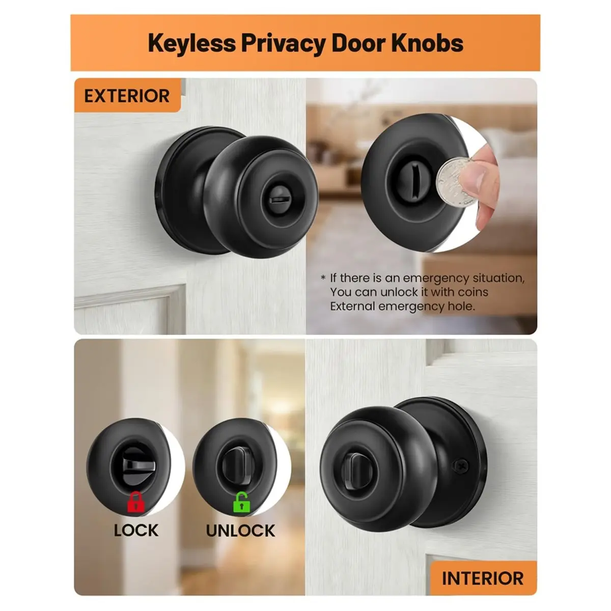 Time Saving 2Pack Door Knobs, Privacy Door Knobs Interior Door Knob for Bedroom/Bathroom Keyless Doorknobs Interior/Exterior Loc