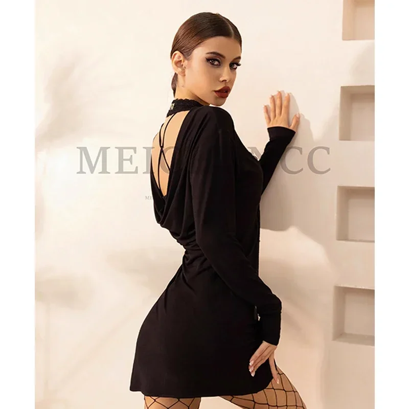 Latin Dance Clothes Female Adult Black Lace Long Sleeves Shirts Cardigan Cha Cha Rumba Samba Dance Dress Practice Wear DNV19197