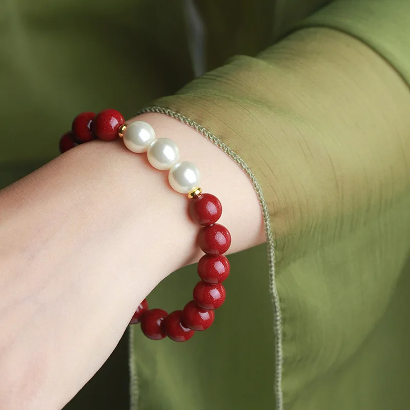 Natural Red Organic Cinnabar Jade Bracelet Women Healing Gemstone Fine Jewelry Genuine Cinnabar Crystals Pearl Bracelets Bangles