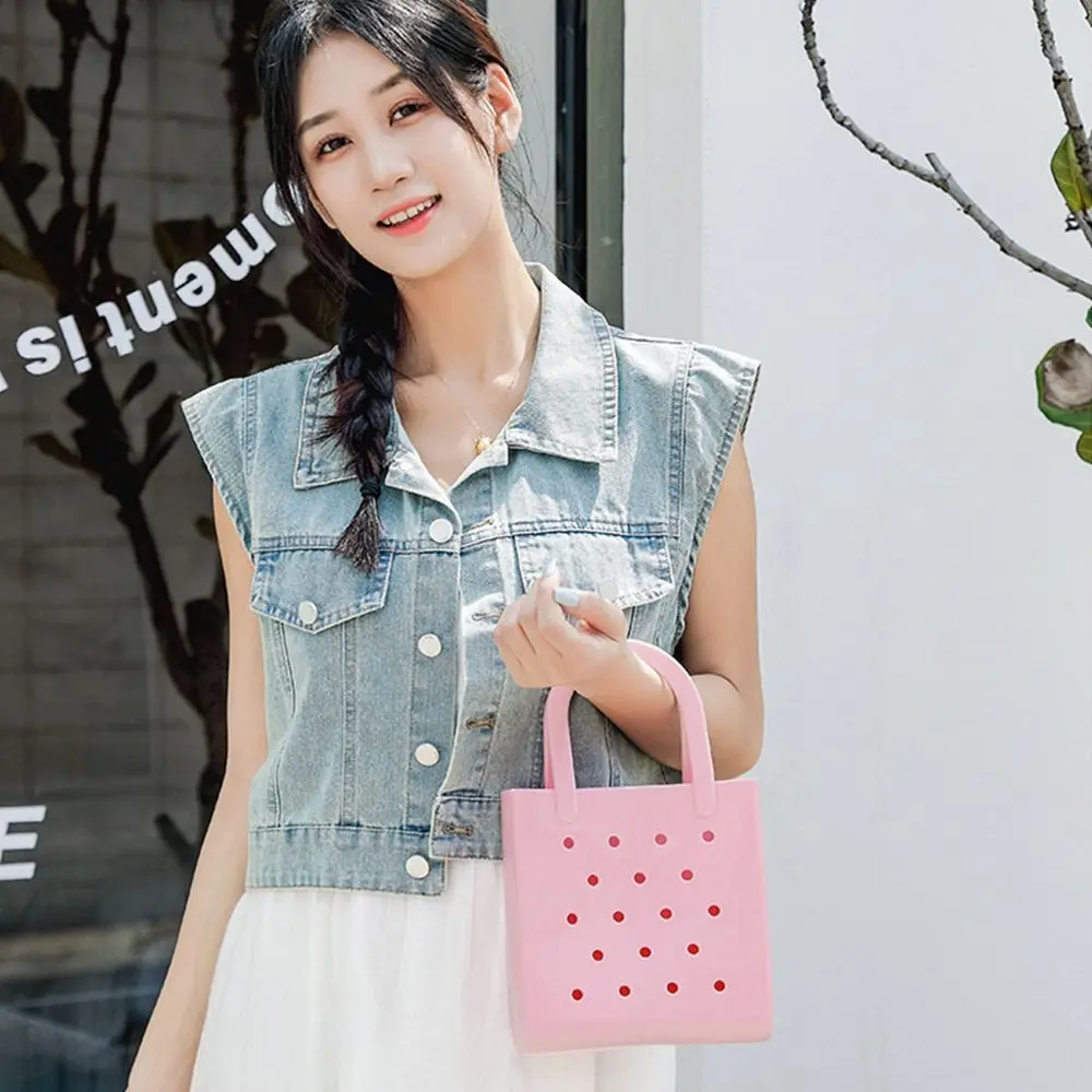 

Simple Solid Color Summer Beach Bag Waterproof Vacation Rubber Hole Handbags Travel DIY Storage Jelly Tote Bag Pouch