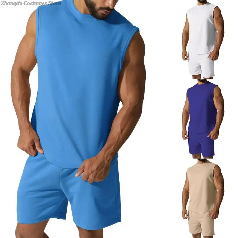 Male Summer Ythin Casual Sleeveless Vest Shirts Pants 2 Piece Set Men Gym Workout Sleeveless Tank Tops Shorts Set
